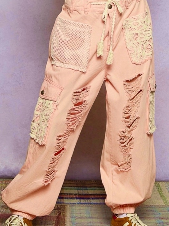 POL Pants - NEW SPECIAL price : POL Peach Distressed Cargo Pants with Lace Patches